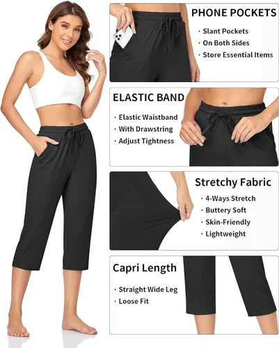 Miniatura 4 de TARSE Pantalones capri de yoga para mujer, sueltos, suaves, con cordón, pantalones de entrenamiento casuales con bolsillos
