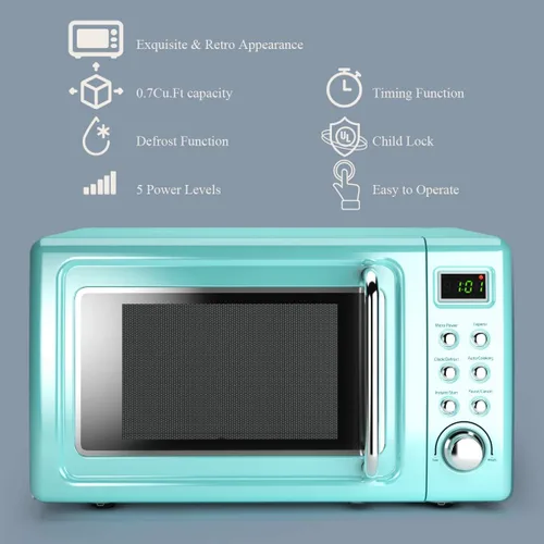 Miniatura 5 de Countert - Horno microondas retro, grande de 0.7 pies cúbicos, 700 vatios, encimera de acero laminado en frío con ajuste de tiempo, placa giratoria