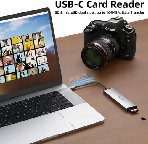 Miniatura 5 de Hub USB C, WALNEW 7 en 1, estación de acoplamiento USB-C con HDMI 4K, 100 W PD, 3 puertos de datos de 5 Gbps (1 USBC y 2 USB 3.0), lector de Plateado