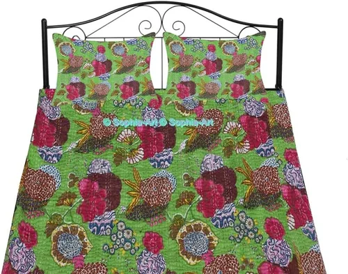 Miniatura 39 de Sophia-Art Colcha reversible de frutas indias para cama individual/king con patrón Gudri de algodón puro estilo Kantha, colcha decorativa con Rosa