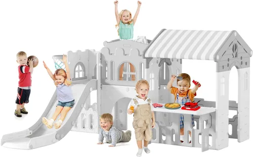 Miniatura 9 de Juego de juegos al aire libre, casa de juegos 10 en 1 para niños pequeños con escalador de rocas con baloncesto, aro, almacenamiento, sala