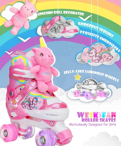 Miniatura 2 de Dino - Patines de ruedas para niños y niñas, WESKIFAN Dinosaur Quad Skating Shoes con ruedas brillantes y tamaños ajustables para principiantes