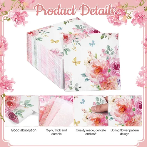 Miniatura 3 de Tatuo 100 servilletas florales de 3 capas de acuarela para cena, servilletas de papel desechables decorativas para bodas, cumpleaños, baby shower