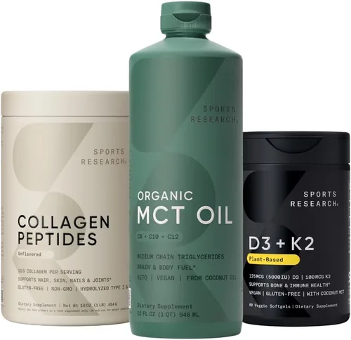 Sports Research® Péptidos de colágeno hidrolizados tipo 1 y 3 suplemento de proteína de colágeno en polvo, aceite Keto MCT de cocos orgánicos,