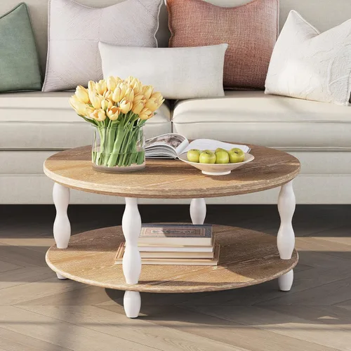 Miniatura 13 de Mesa de centro estilo casa de campo Karlott, mesa de café redonda de estilo campestre francés, mesa de café costera con parte superior desgastada