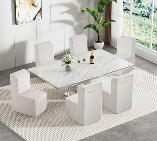 Miniatura 16 de Juego de mesa de comedor de mármol sintético blanco para 10, juego de mesa de comedor extensible de 11 piezas de 63 a 94 pulgadas con 10 sillas