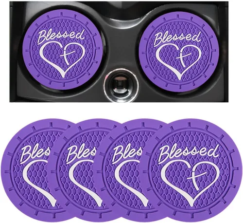 Miniatura 11 de Dickno 2 piezas posavasos para portavasos de automóvil, 2.76 pulgadas cruz bendita y corazón tapete de bebida cristiano, PVC suave antideslizante a