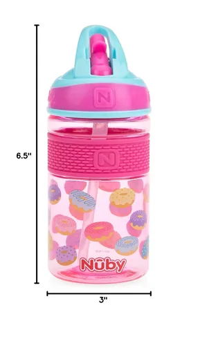 Miniatura 10 de Nuby Thirsty Kids Flip-it Freestyle On the Go Botella de agua con popote duro resistente a las mordeduras y banda de fácil agarre, rosquillas rosas