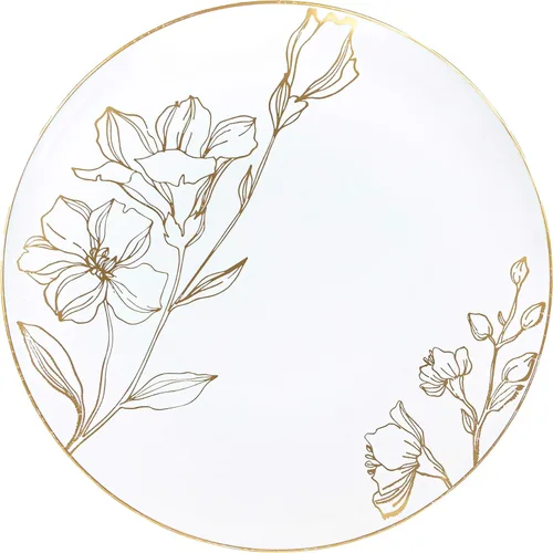 PLASTICPRO Platos de plástico blanco con diseño floral con borde dorado, platos desechables elegantes y pesados de primera calidad (120 platos de 9