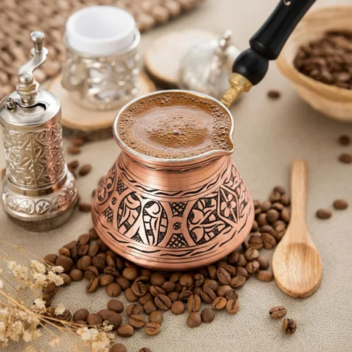 Miniatura 4 de Cafetera turca griega árabe de cobre de 12 onzas con mango de madera (4 tazas), Cezve, Ibrik, cafetera griega Briki, cafetera turca martillada