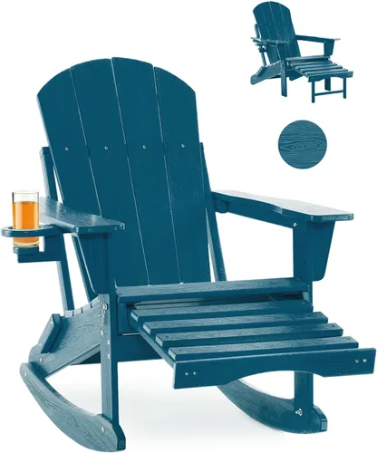 Miniatura 26 de Mecedora plegable Adirondack, silla de patio multifuncional 4 en 1 con otomana retráctil, silla de exterior con textura de madera, silla de césped