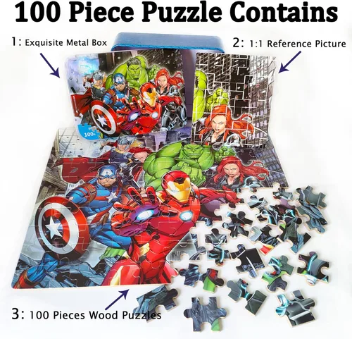 Miniatura 5 de LELEMON Rompecabezas para niños de 4 a 8 años, rompecabezas de 100 piezas para niños en una caja de metal, rompecabezas educativos para niños, Rojo