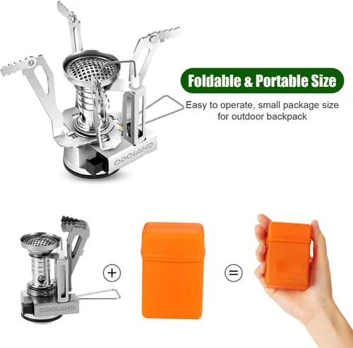 Miniatura 4 de Odoland - Juego de 8 utensilios de cocina para acampar, juego de ollas y sartenes con mini estufa de mochilero, taza de acero inoxidable, soporte