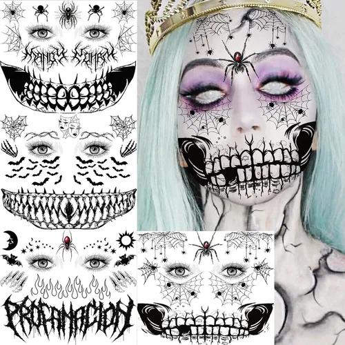 COKTAK 4 hojas de tatuajes faciales de Halloween aterradores para mujeres, hombres y adultos, cicatrices de heridas falsas, maquillaje de bruja para