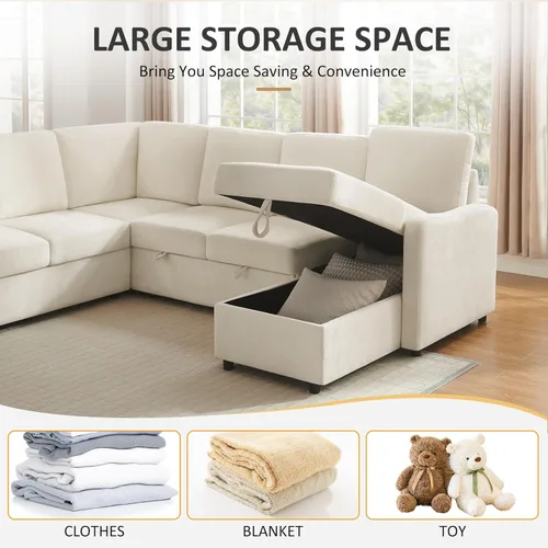 Miniatura 4 de Sofá Seccional Cama de 111 pulgadas con Cama Extraíble, Sofá Modular de 6 Asientos en Forma de U con Chaise de Almacenamiento, Sofá Seccional