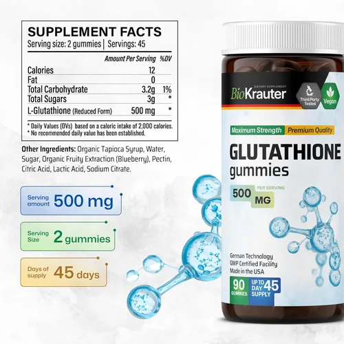 Miniatura 2 de BIO KRAUTER® Suplemento de glutatión para la piel y apoyo antioxidante, gomitas de glutatión de 500 mg para una piel clara y belleza, 90 gomitas