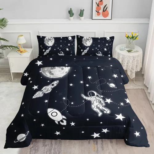 Miniatura 14 de Juego de edredón espacial para niños astronautas para niños, niños, niños, con estampado de cohete de astronauta de nave espacial galáctica, con 1