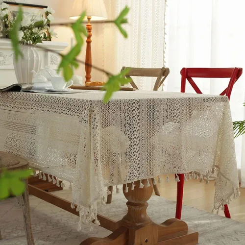 Miniatura 2 de Mantel bordado beige con agujeros de ganchillo con borlas, mantel geométrico de rayas bohemias para fiestas, cumpleaños, comedor, cuadrado, 23 x 23