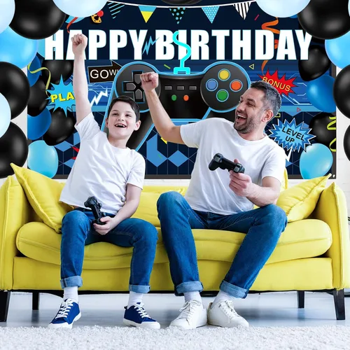 Miniatura 7 de Skylety 34 Piezas Decoraciones de Cumpleaños de Jugador Suministros de Fiesta de Videojuegos Incluyendo Telón de Fondo de Feliz Cumpleaños