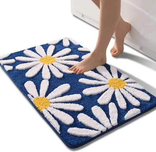 Miniatura 37 de QJHOMO Alfombra de baño azul con diseño de margaritas, decoración de flores blancas y amarillas, alfombra antideslizante de microfibra, súper Azul