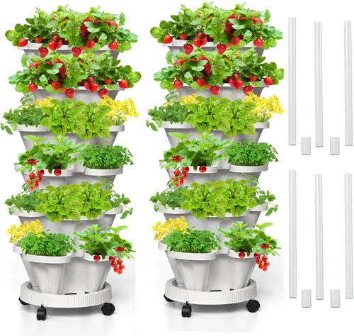 Miniatura 20 de Macetas verticales de fresa, paquete de 2 unidades, torre apilable de 5 niveles con poste de soporte, macetas apilables para hierbas y verduras