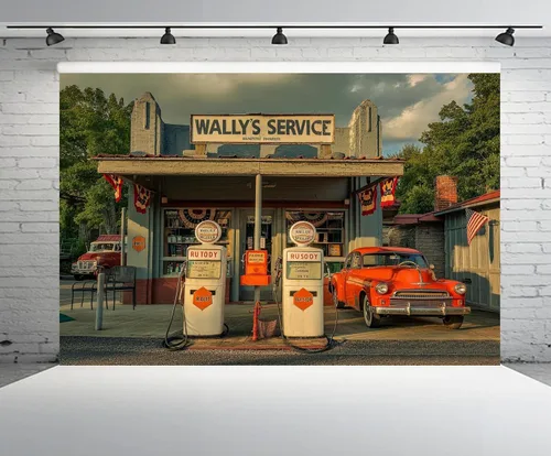 Miniatura 4 de Telón de fondo retro para gasolinera de 5 x 3 pies, estación de servicio de Wally, bombas de gas, bandera de Estados Unidos, flor, autopista, tienda