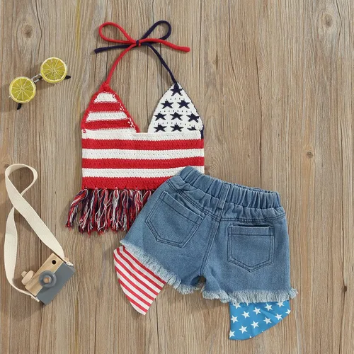 Miniatura 27 de Adobabirl Conjunto de ropa de verano para niña pequeña, sin mangas, acanalada, top halter y pantalones cortos, ropa de moda para niños con cinturón