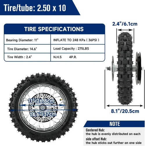 Miniatura 5 de FVRITO Reemplazo del conjunto de rueda trasera para Razor MX500 MX650 SX500 Mini Dirt Rocket Bike 2.50-10 2.50x10 Tubo de neumático Llanta de cadena