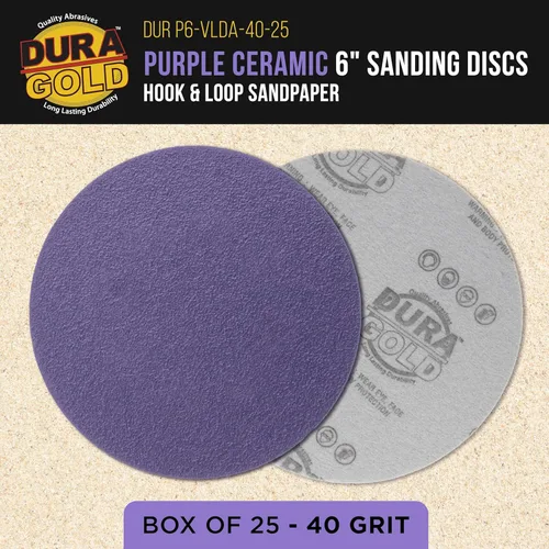 Miniatura 2 de Dura-Gold Discos de Lijado de Cerámica de Película Morada Premium de Grano 40 de 6", Caja de 25 – Papel de Lija con Soporte de Gancho y Bucle