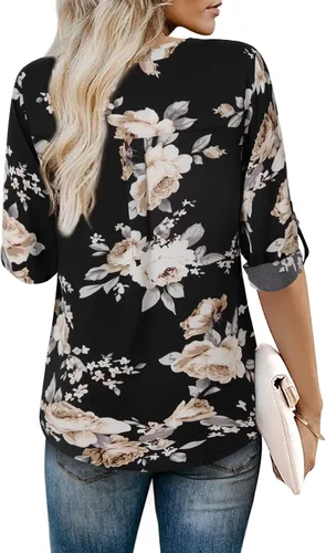 Miniatura 3 de Youtalia - Blusa casual de mujer con cuello en V, estampada, de gasa, con mangas de 34 con puños, estilo casual