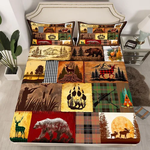 Miniatura 31 de Juego de sábanas bajeras de cabaña rústica, tamaño Queen, bosque, lobo, ciervo, oso, para niños y adultos, sábanas a cuadros de búfalo rojo y negro