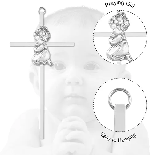 Miniatura 3 de Tryuunion Cruz de pared para bebé, regalos de bautizo para niña, cruces de 7 pulgadas plateadas para niñas orando, ideales para primera comunión