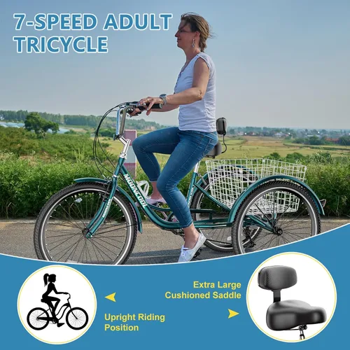 Miniatura 7 de NAIZEA Adult Tricycle, 7 Speed Three Wheel Cruiser Bike, 20/24/26 inch Adult Trikes 3 Wheel Bikes with Large Basket for Seniors, Adults, Women, Men