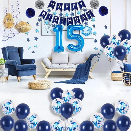 Miniatura 2 de Decoraciones azules para fiesta de cumpleaños número 15, pancarta de feliz cumpleaños, globos de número 15, serpentinas de estrellas azules