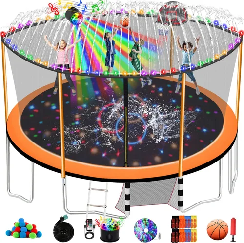 Miniatura 12 de 1500 libras 10 12 14 15 16 pies para adultos y niños con rociador, luces, aro de baloncesto, bolas de agua, 16 calcetines, trampolín recreativo