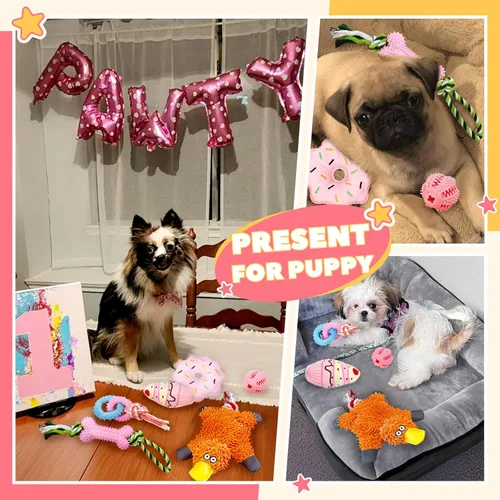 Miniatura 5 de Paquete de 9 juguetes para perros pequeños y cachorros, juguetes masticables para dentición, sin relleno, juguetes chirriantes de goma masticables