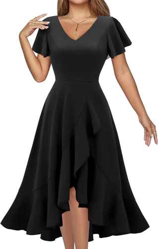 DRESSTELLS Vestidos formales para mujer 2023 con volantes, cuello en V, vestido de cóctel, fiesta de té, vestido modesto de iglesia para invitados