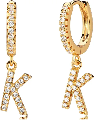 Mevecco Aretes de aro de oro delicado de 18 quilates con circonita cúbica en pavé con iniciales A-Z de 26 letras personalizadas, diminutas colgantes