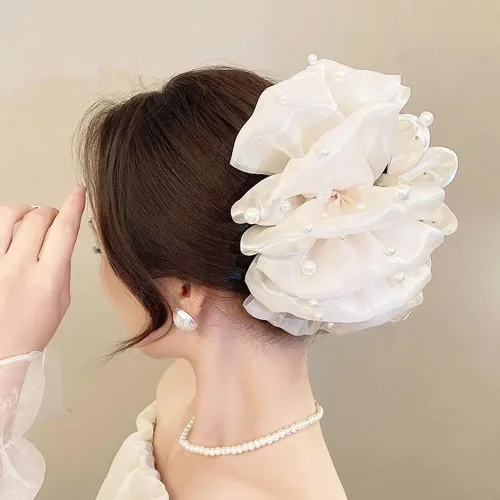 Miniatura 4 de Jaczora 2 pinzas para el pelo de seda de gasa, pinza grande de perlas con lazos, accesorios para el cabello para mujeres y niñas