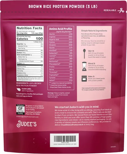 Miniatura 2 de Judee's Gluten Free Proteína en polvo de arroz integral – Fórmula de arroz germinado – Nutrición a base de plantas apta para dieta cetogénica – Base