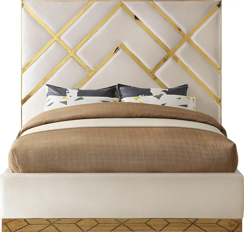 Miniatura 4 de Meridian Furniture VectorCream-K Vector Collection Modern Cama tapizada de terciopelo contemporánea, base de metal dorado personalizada y diseño