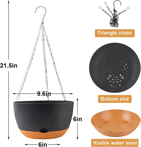 Miniatura 3 de KPUVX Maceta Colgante de 10 Pulgadas, Macetas de Riego Automático para Plantas de Interior, Paquete de 3 Cestas Colgantes de Plástico con Bandeja