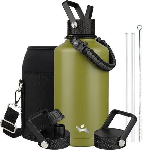 Miniatura 87 de Konokyo - Botella de agua aislada de 18 onzas, botellas deportivas de acero inoxidable con 3 tapas, verde militar