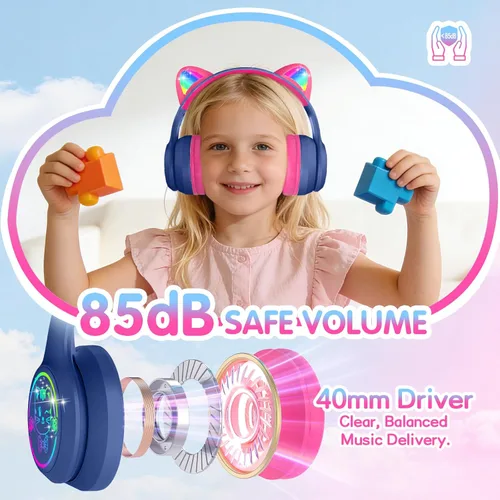Miniatura 2 de IFECCO Kids Wireless Headphones with Case - Cute LED Light Up Cat Ear,50H Playtime,Safe Volume Limited,Bluetooth 6.0 Kids Girls Headphones for
