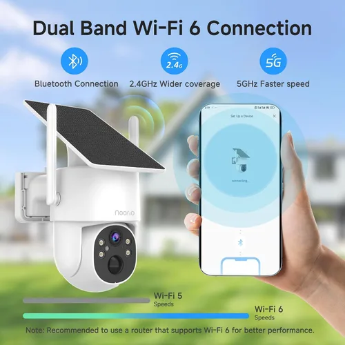 Miniatura 2 de Noorio Cámara de seguridad solar 2K inalámbrica para exteriores, inclinación panorámica de 360°, WiFi 6 de doble banda 2.4/5GHz, visión nocturna a