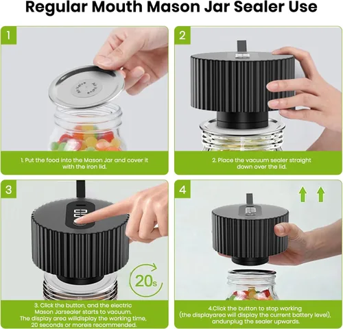 Miniatura 8 de Kit de sellado al vacío eléctrico de tarros Mason de un solo toque, para tarros Mason de boca ancha y regular, sellador al vacío portátil para Negro
