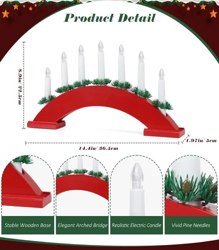 Miniatura 4 de Lewondr Candelabro sueco de Navidad, 7 velas cónicas sin llama con alimentación USB, luz de vela de ventana de Navidad con agujas de pino, luz de B