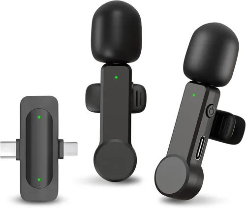 Miniatura 7 de NPTCL Paquete de 2 micrófonos Lavalier USB C inalámbrico Lav Mic para teléfono Android Cancelación de ruido Mini micrófono de solapa tipo C