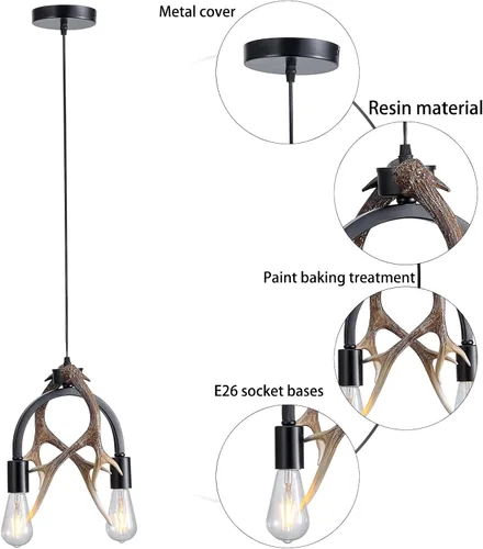 Miniatura 6 de Candelabro de cornamenta, moderna lámpara de cornamenta de ciervo de 2 luces, lámpara colgante de cornamenta negra de hierro de resina