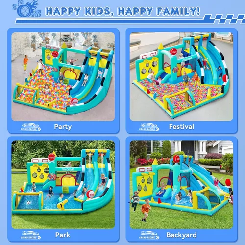 Miniatura 6 de FINCOME Bounce House - Tobogán doble para niños de 3 a 10 años, castillo de rebote grande con soplador de aire de 550 W, piscina, salto, escalada